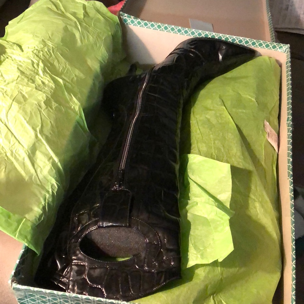 Black crocodile high boots with side zipper
